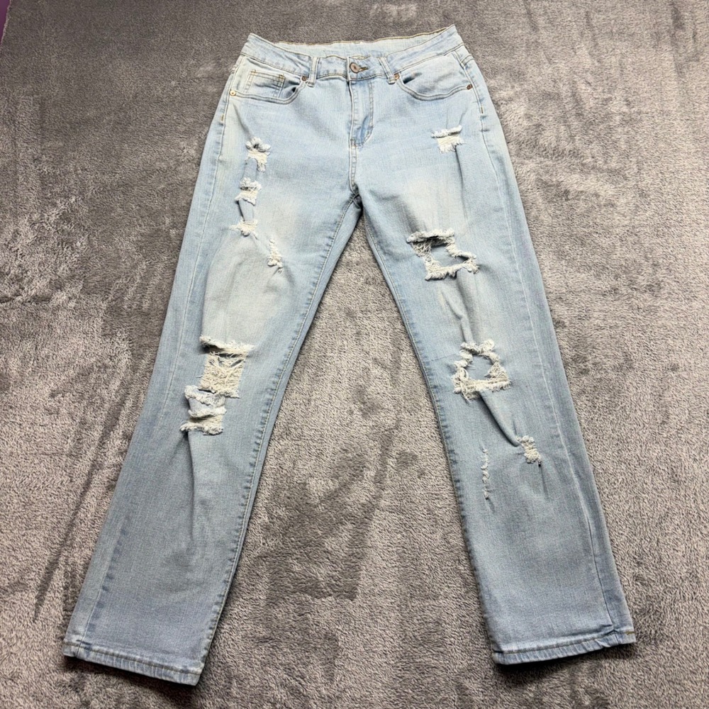 Kunmi Distressed Jeans Womens Size L Light Blue‎ Good Ripped Straight Leg